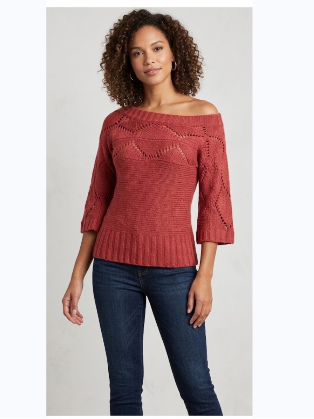 Open Knit, Off Shoulder 3/4 sleeves Red Sweater - Sz S